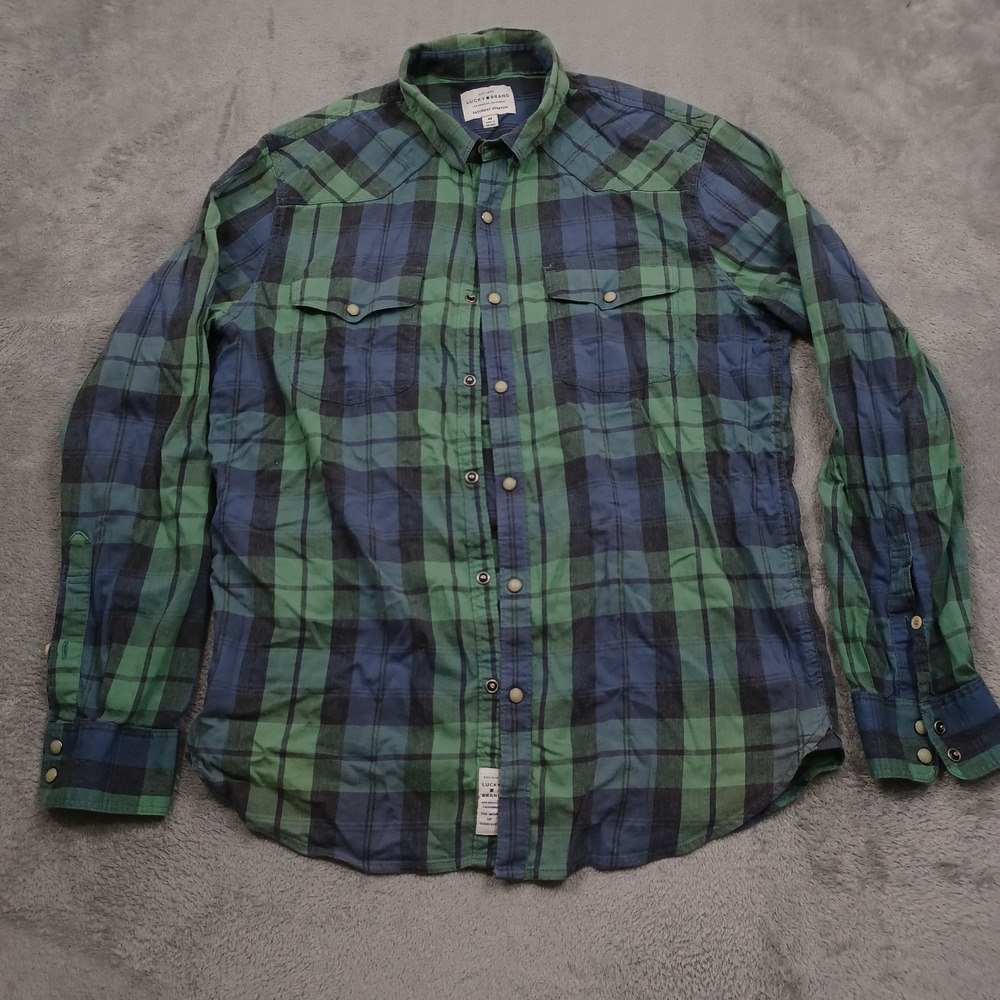 Lucky Brand Shirt Mens Medium Blue Plaid Pearl Snap Casual Long Sleeve